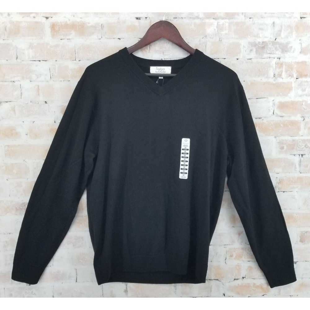 NWT Turnbury 100% Extra Fine Merino Wool Men's Medium Black V-Neck Sweater Shirt